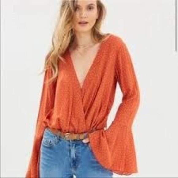 Free People Orange Red Polka Dot Wrap Bodysuit Bell Sleeve Chic Statement Piece - Picture 1 of 9